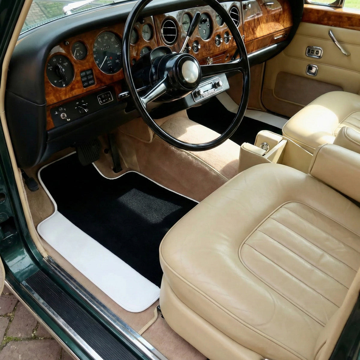 Black Floor Mats for Rolls Royce Shadow (1965-1977) with White Leather | White Trim