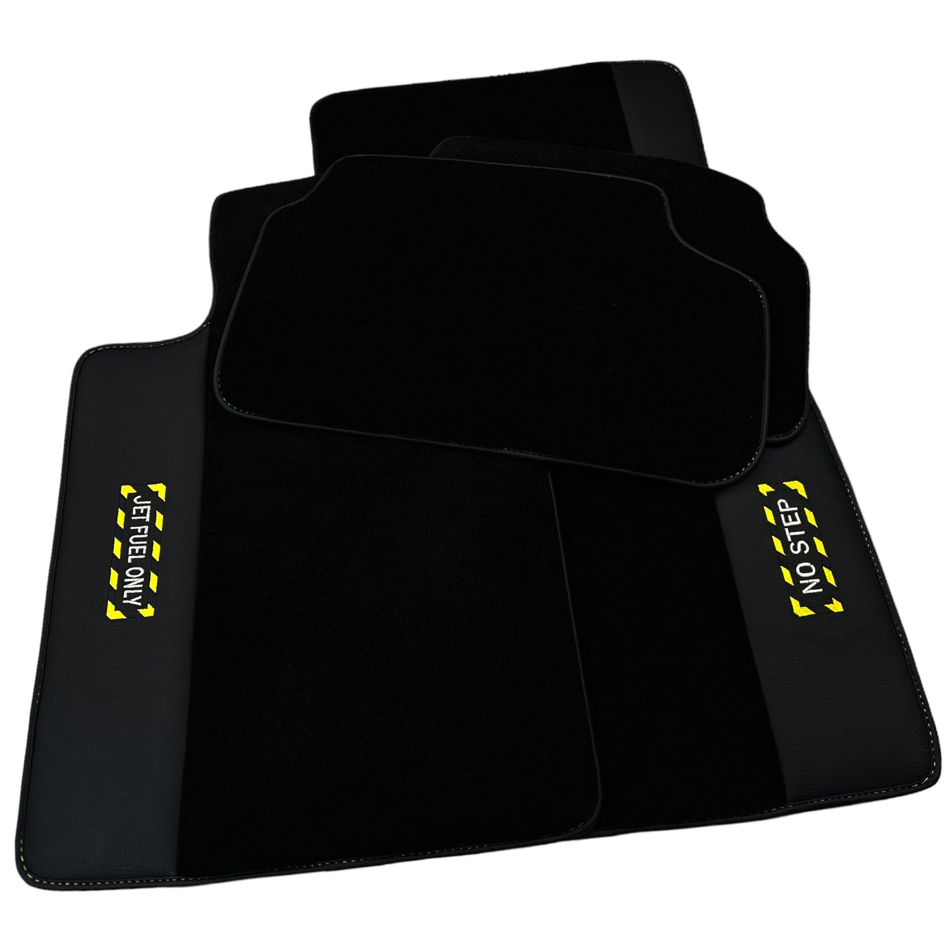 Black Floor Mats with Leather for BMW Gran Tourer F46 (2015-2022) 5 Seats - "Jet Fuel Only" - AutoWin