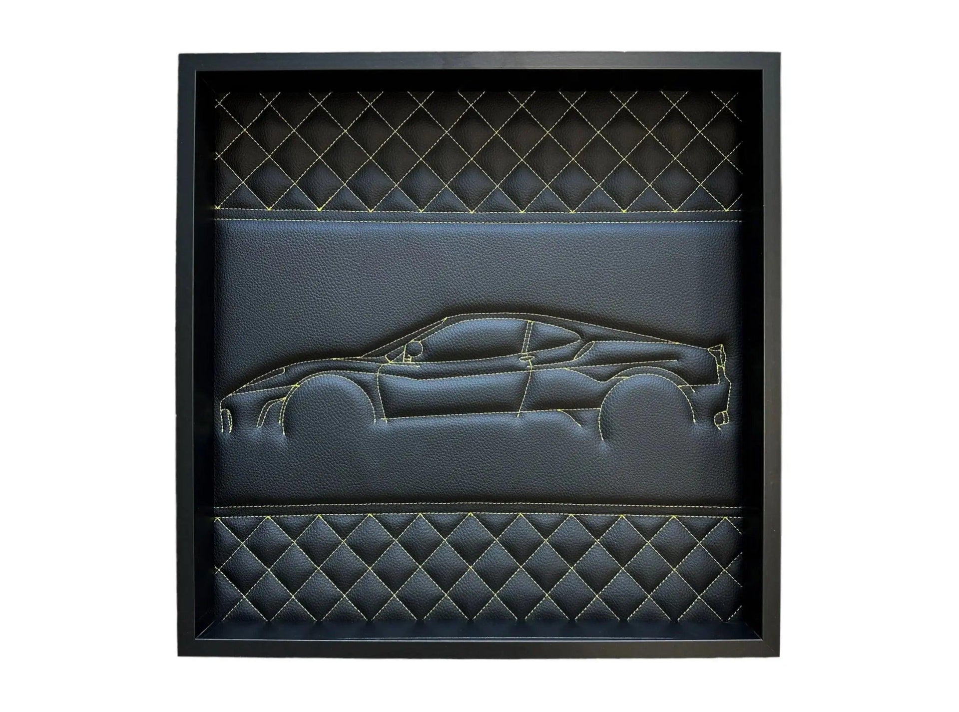 Black Leather Ferrari 458 Inspired Wall Art: Embroidered Yellow Stitch Luxury Decor - AutoWin