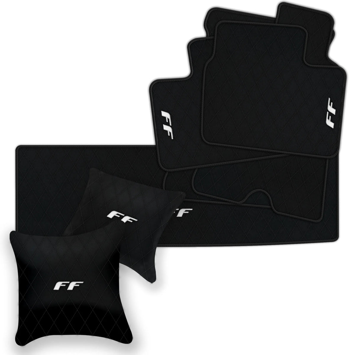 Black Leather Floor Mats for Ferrari FF (2011-2016) with Single Diamond Pattern | Full Set Option