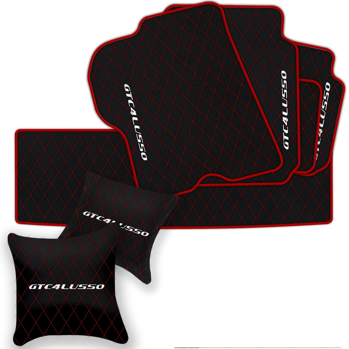 Black Leather Floor Mats for Ferrari GTC4 Lusso (2016-2023) with Single Diamond Pattern | Full Set Option