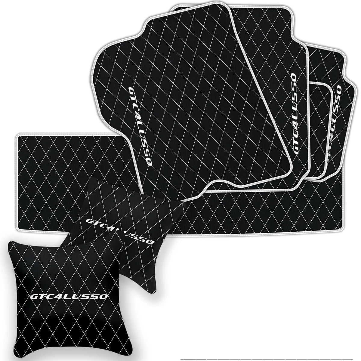 Black Leather Floor Mats for Ferrari GTC4 Lusso (2016-2023) with Single Diamond Pattern | Full Set Option