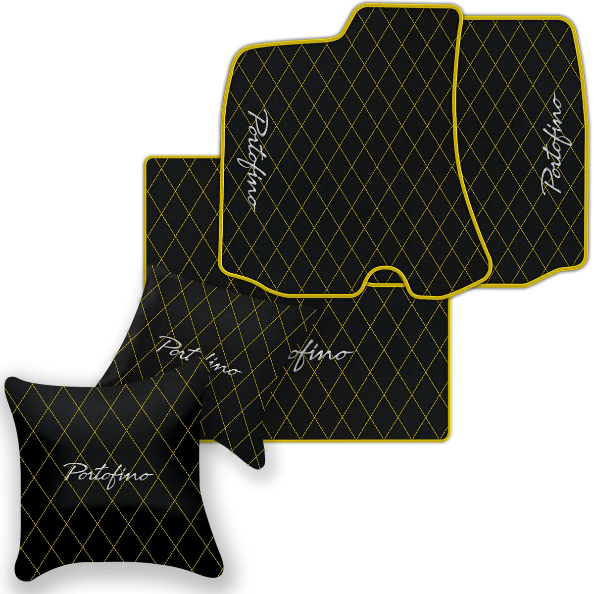 Black Leather Floor Mats for Ferrari Portofino (2018-2023) with Single Diamond Pattern | Full Set Option