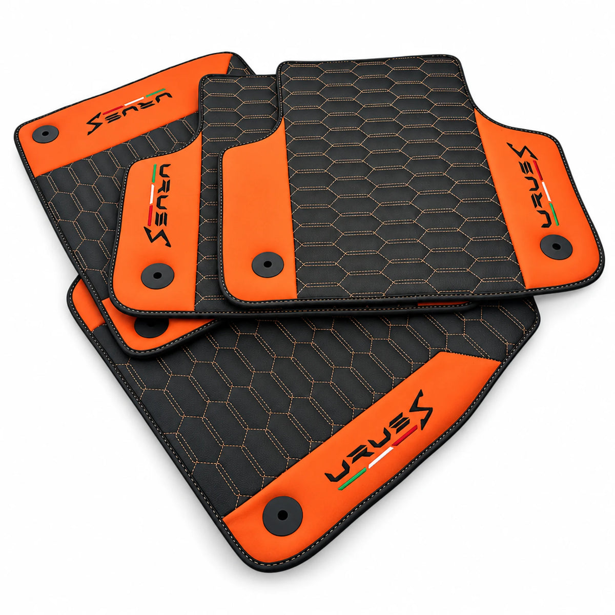 Black Leather Floor Mats For Lamborghini Urus S With Orange Nappa Leather - AutoWin