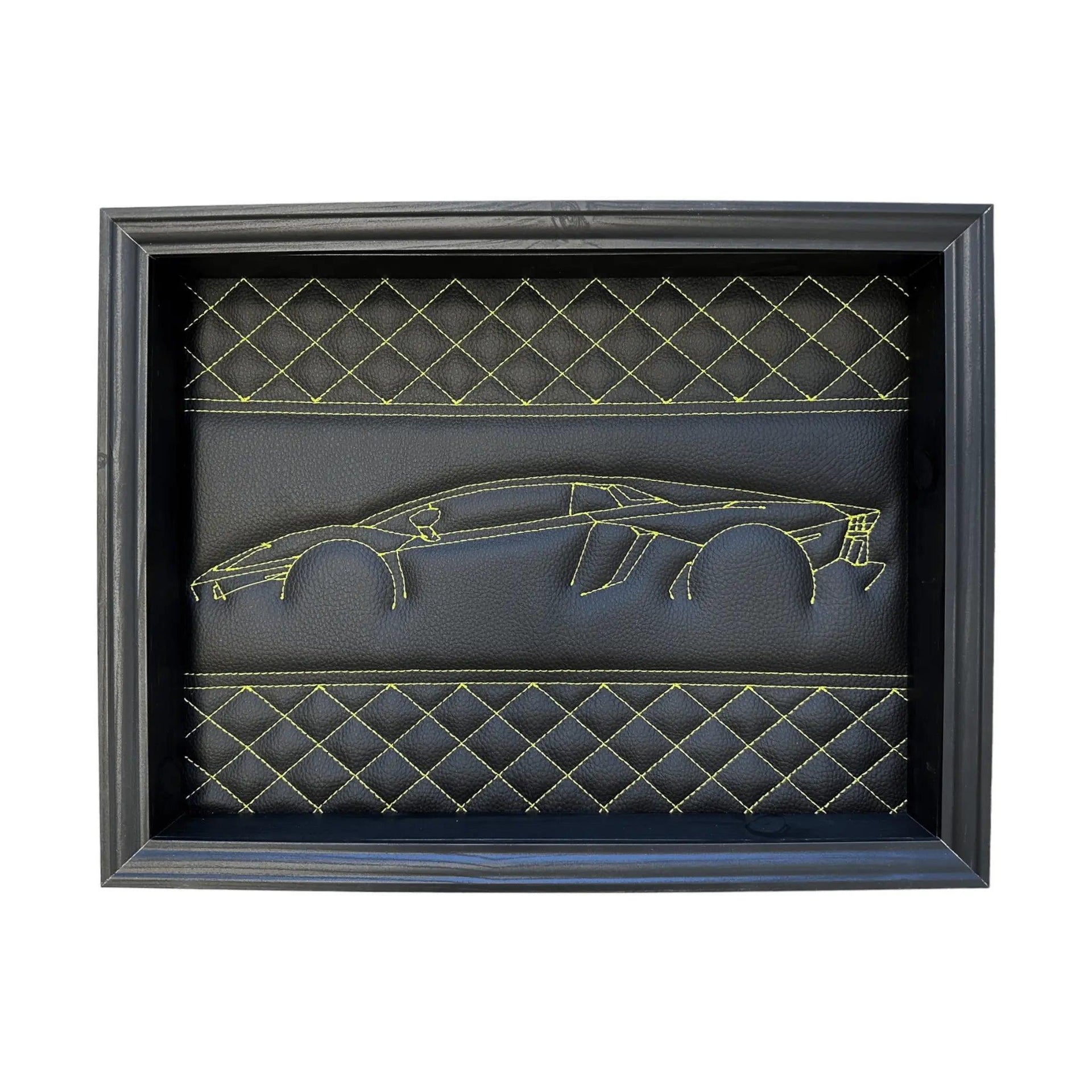 Black Leather Lamborghini Aventador Inspired Wall Art: Embroidered Yellow Stitch - AutoWin