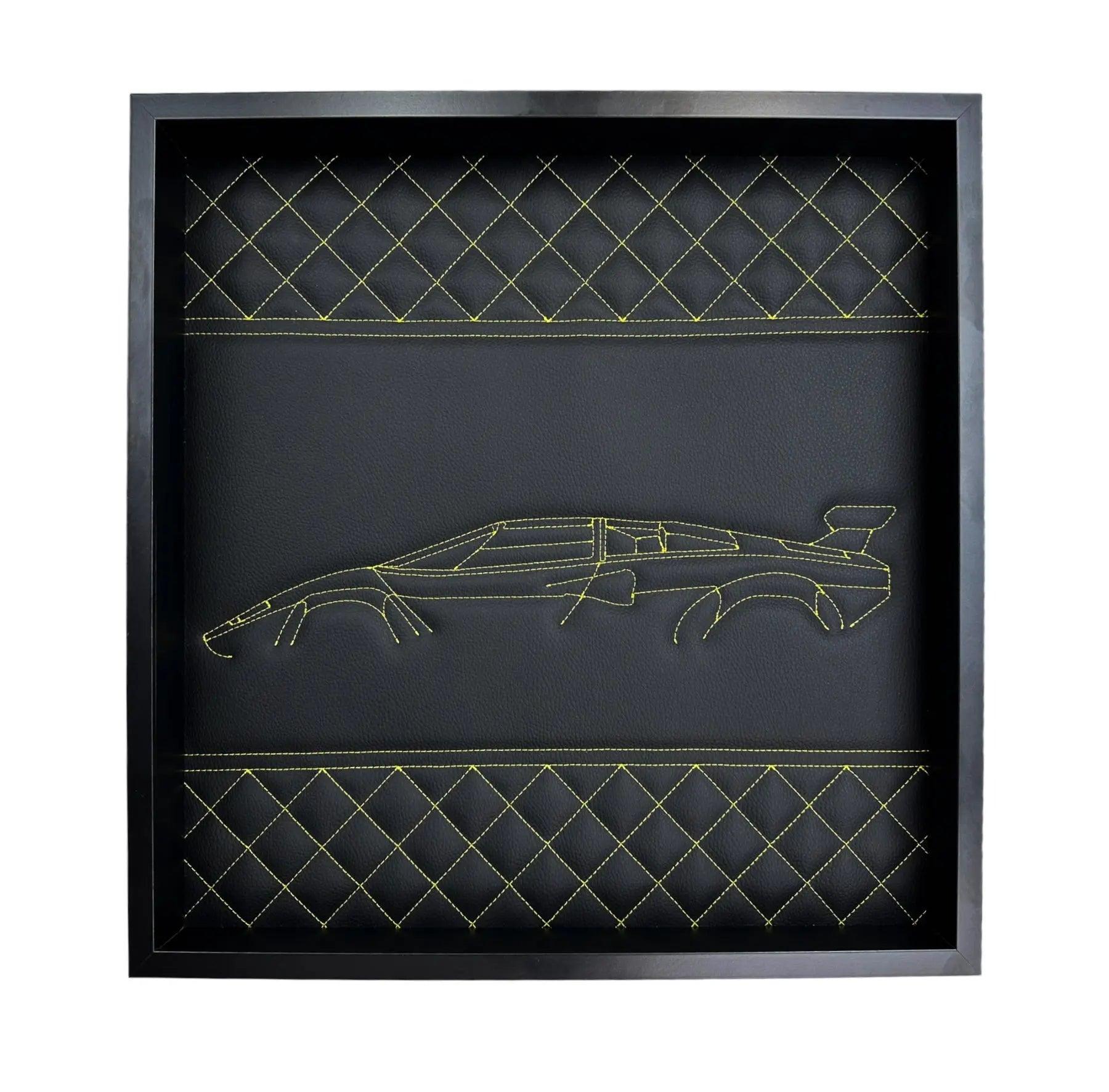Black Leather Lamborghini Countach Inspired Wall Art: Embroidered Yellow Stitch Luxury Decor - AutoWin