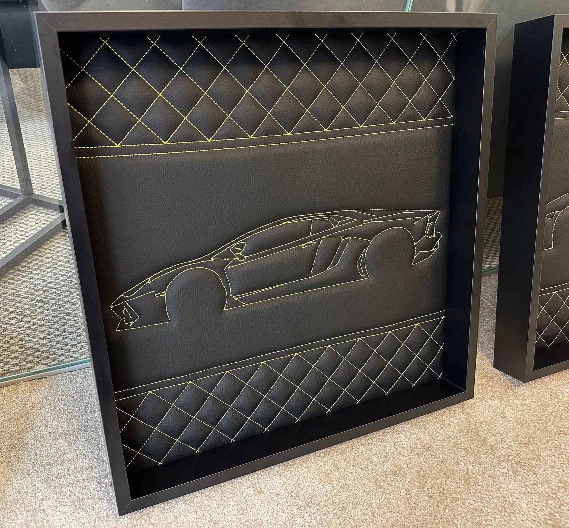 Black Leather Lamborghini Huracan Inspired Wall Art: Embroidered Yellow Stitch Luxury Decor - AutoWin