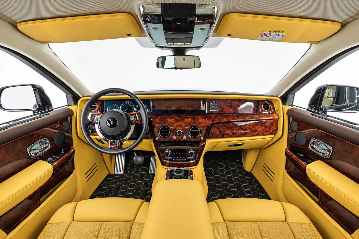 Customizable Leather Floor Mats with Symmetrical Hex Pattern for Rolls Royce Phantom VIII (2017-2024) inside the vehicle