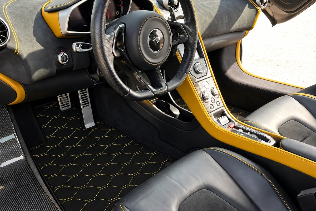 Customizable Leather Floor Mats with Viper Hex Pattern for McLaren 650S (2015-2018) inside the vehicle
