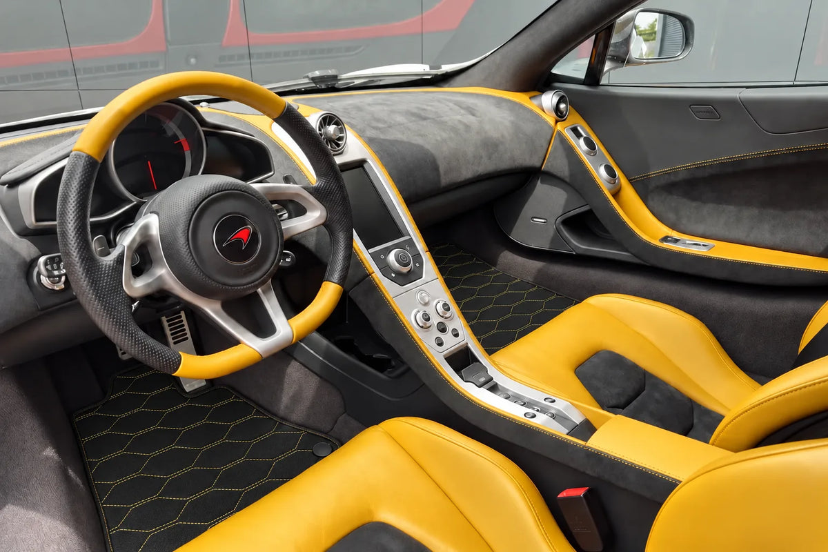 Customizable Leather Floor Mats with Viper Hex Pattern for McLaren MP4-12C (2011–2014) inside the vehicle