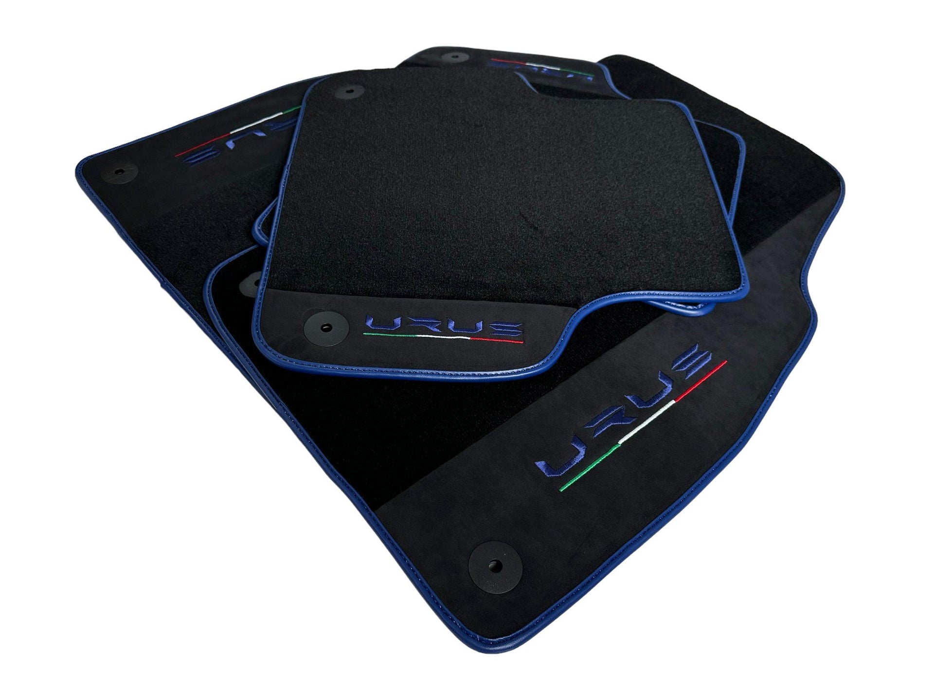 Black Floor Mats For Lamborghini Urus With Alcantara Leather Dark Blue Trim - AutoWin