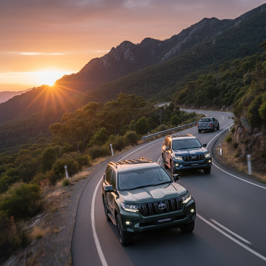 Editorial, photo-realistic HERO for an automotive daily news article titled "Toyota LandCruiser Hybrid Lineup Confirmed for Australia – Daily Car News