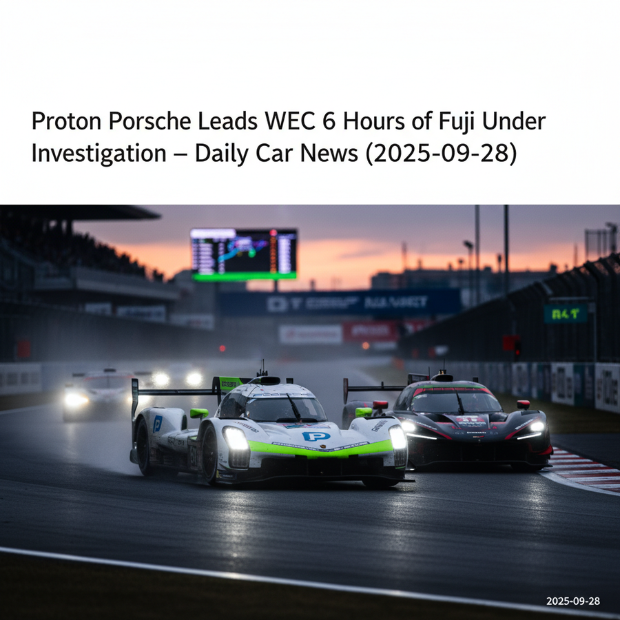 Editorial, photo-realistic HERO for an automotive daily news article titled "Proton Porsche Leads WEC 6 Hours of Fuji Under Investigation – Daily Car 