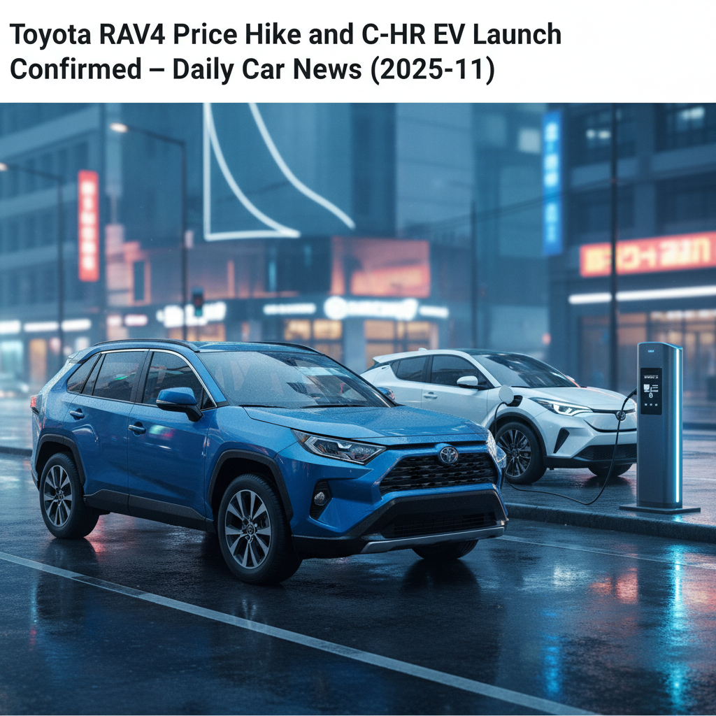 Editorial, photo-realistic HERO for an automotive daily news article titled "Toyota RAV4 Price Hike and C-HR EV Launch Confirmed – Daily Car News (202