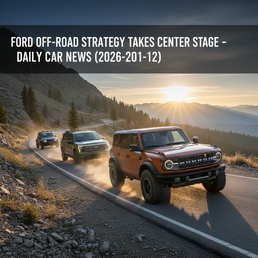 Editorial, photo-realistic HERO for an automotive daily news article titled "Ford Off-Road Strategy Takes Center Stage – Daily Car News (2026-01-12)".
