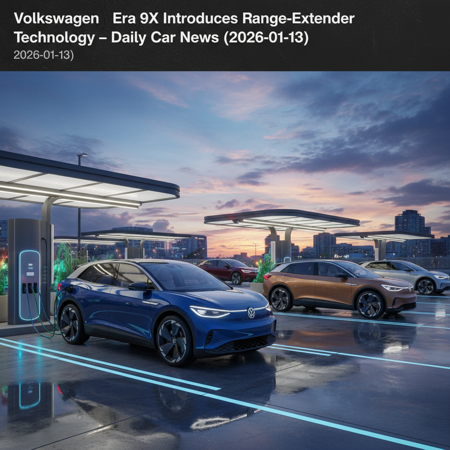 Editorial, photo-realistic HERO for an automotive daily news article titled "Volkswagen ID.Era 9X Introduces Range-Extender Technology – Daily Car New