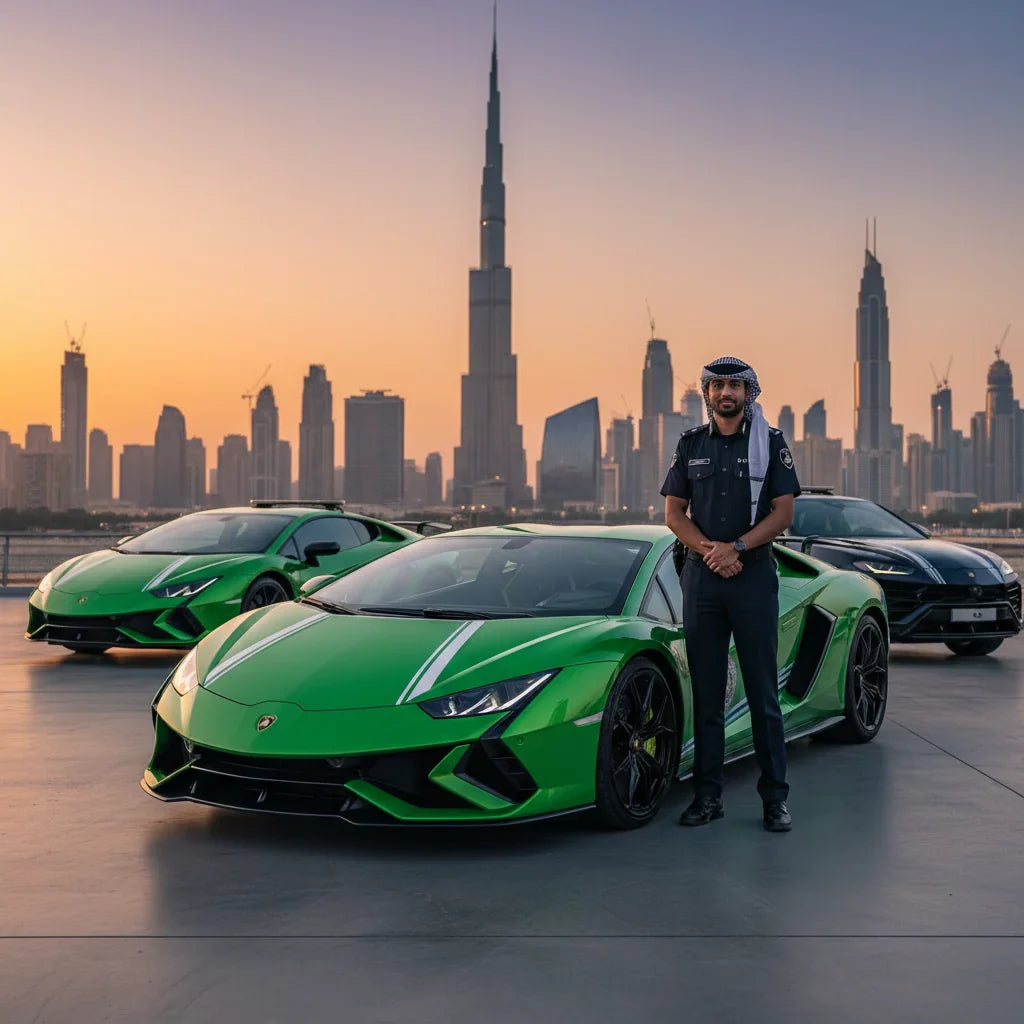 Editorial photo-realistic HERO image for automotive news (2026-02-21). Feature Lamborghini vehicles specifically Revuelto. Scene: A Dubai police offic