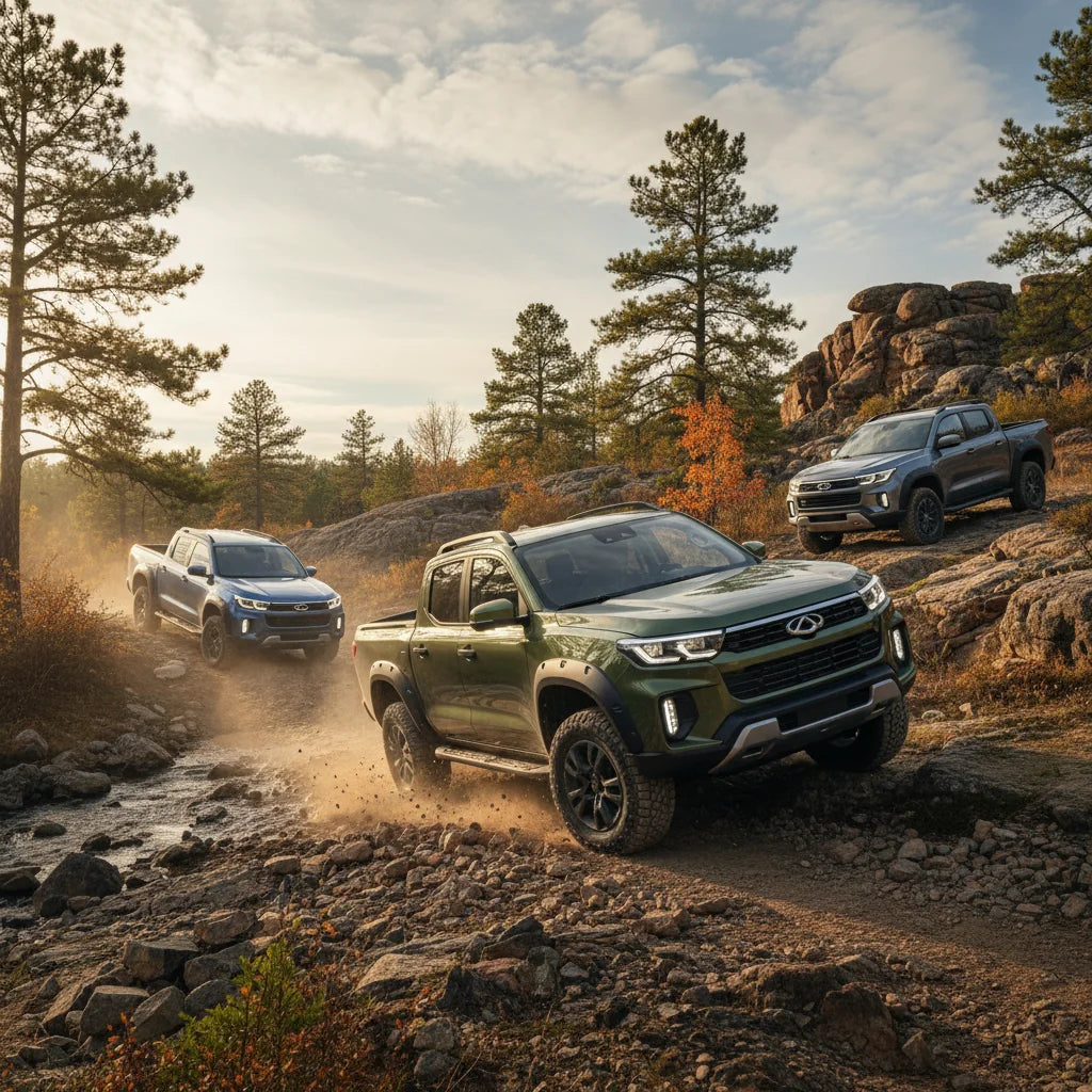 Editorial photo-realistic HERO image for automotive news (2026-02-24). Feature Chery vehicles specifically PHEV ute. Scene: A rugged Chery PHEV ute tr