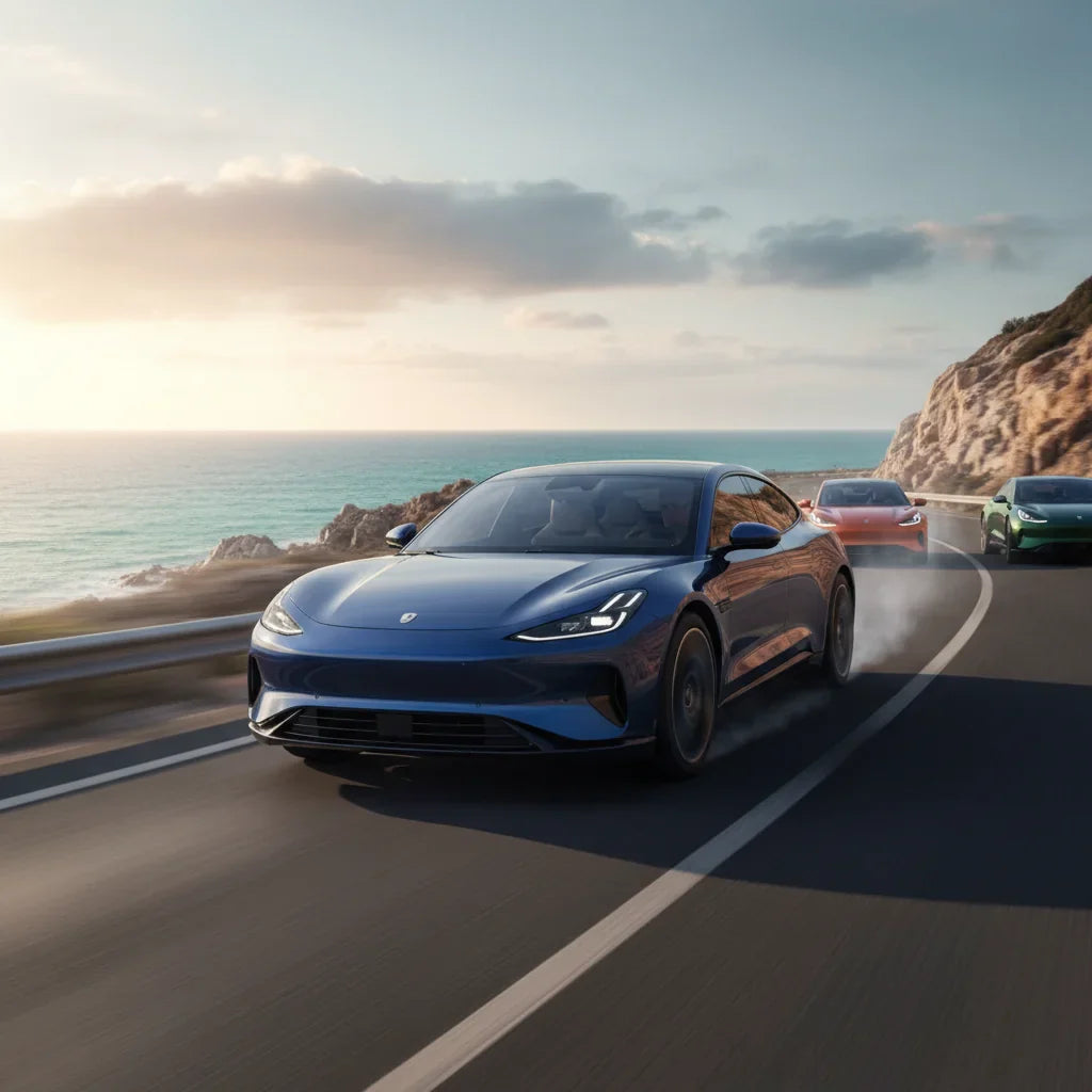 Editorial photo-realistic HERO image for automotive news (2026-03-16). Feature Zeekr vehicles specifically Zeekr 001. Scene: A dynamic shot of the Zee