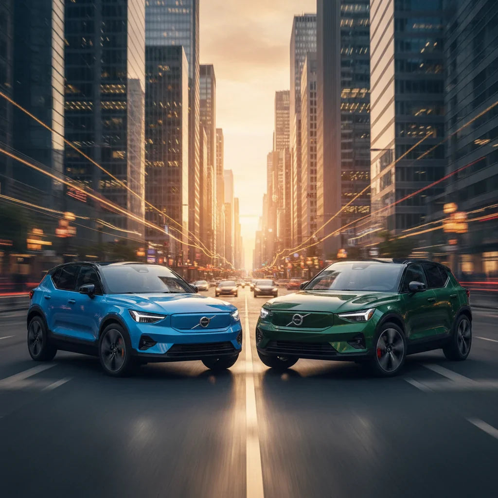 Editorial photo-realistic HERO image for automotive news (2026-03-31). Feature Volvo vehicles specifically EX30, EX40. Scene: A dynamic urban landscap