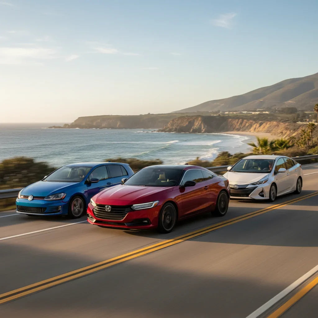 Editorial photo-realistic HERO image for automotive news (2026-04-11). Feature Honda and Volkswagen and Toyota vehicles specifically Prelude, Golf, Pr