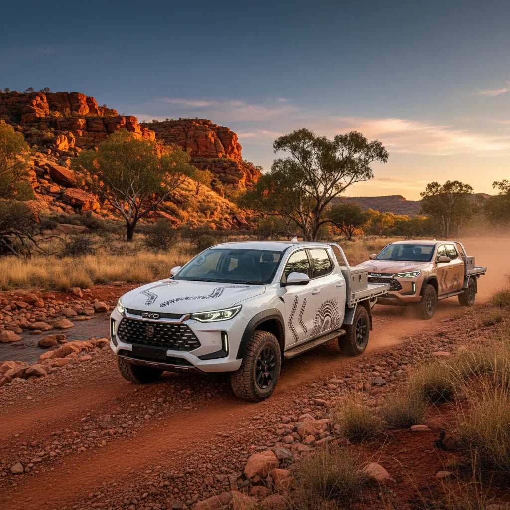 Editorial photo-realistic HERO image for automotive news (2026-04-13). Feature BYD vehicles specifically Shark 6. Scene: A dynamic outdoor setting fea