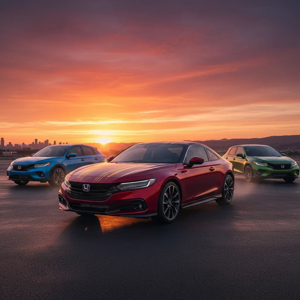 Editorial photo-realistic HERO image for automotive news (2026-05-15). Feature Honda vehicles specifically 2026 Honda Prelude. Scene: The new Honda Pr