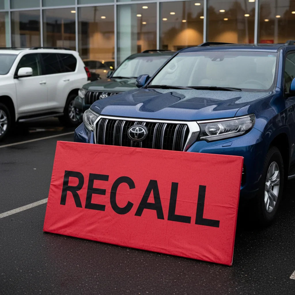 Editorial photo-realistic HERO image for automotive news (2026-06-04). Feature Toyota vehicles specifically Prado. Scene: A Toyota Prado parked outsid