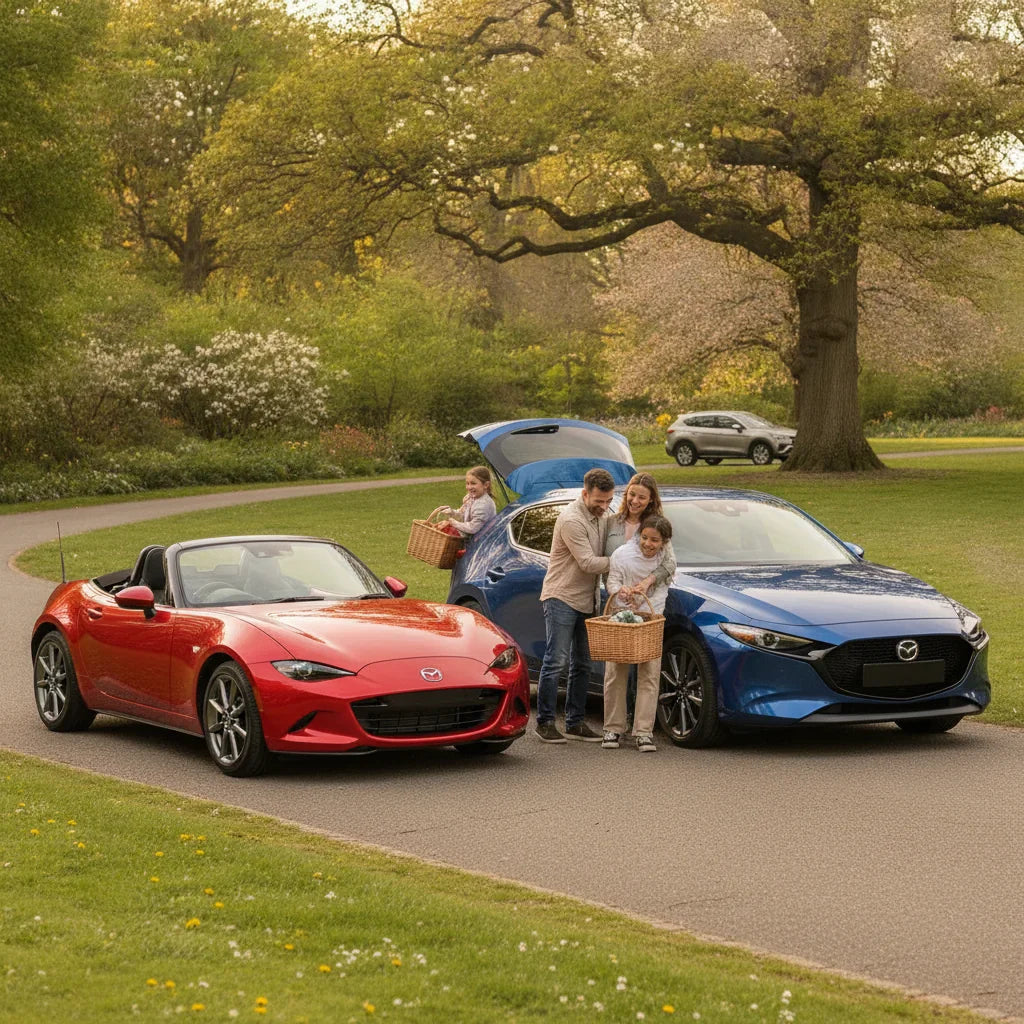 Editorial photo-realistic HERO image for automotive news (2026-06-28). Feature Mazda vehicles specifically MX-5, Mazda 3. Scene: A family enjoying a d