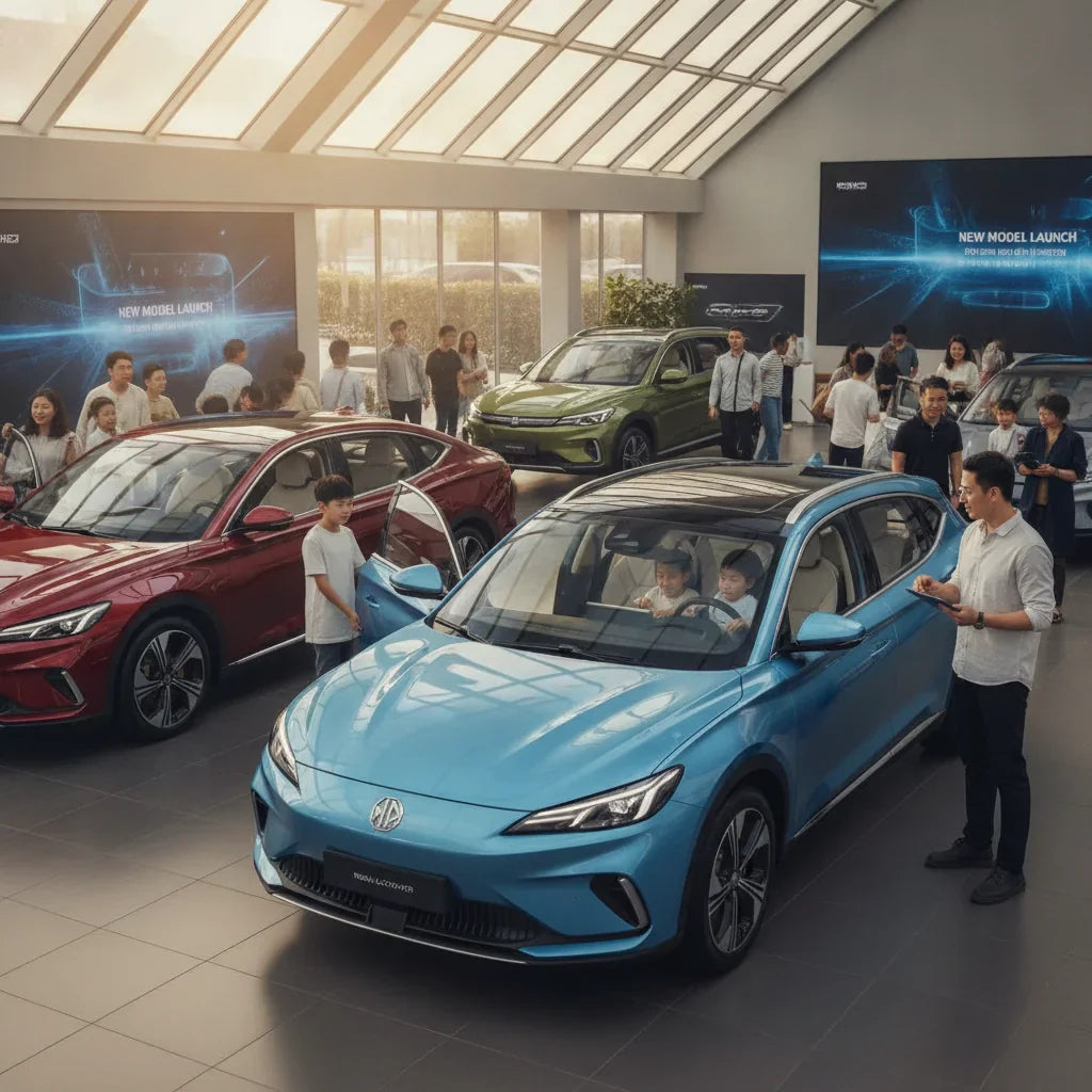 Editorial photo-realistic HERO image for automotive news (2026-07-02). Feature MG vehicles specifically MG S6 EV. Scene: A bustling dealership with ne