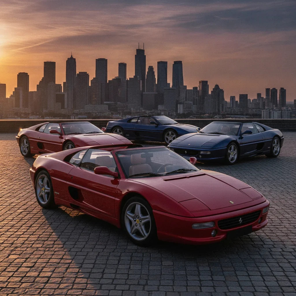Editorial photo-realistic HERO image for automotive news (2026-07-05). Feature Ferrari vehicles specifically 355 GTS. Scene: A classic Ferrari 355 GTS
