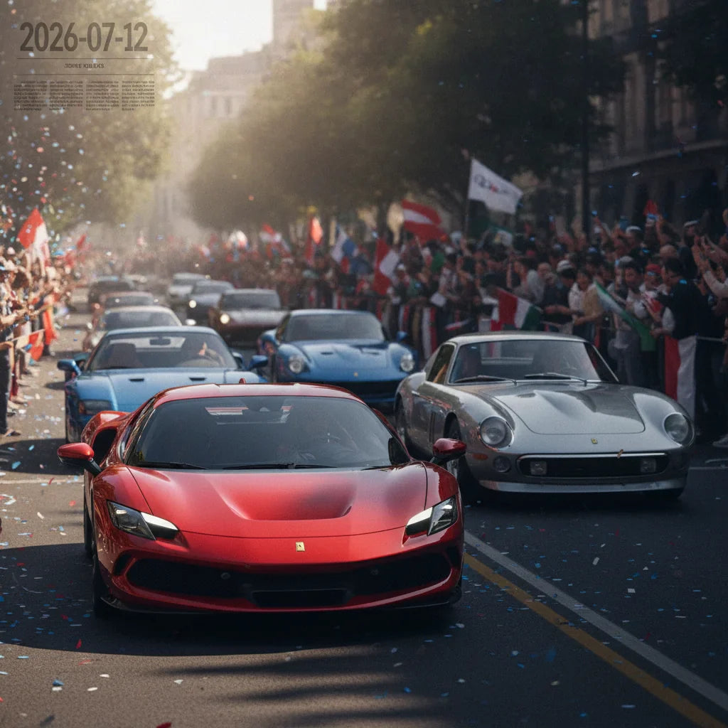 Editorial photo-realistic HERO image for automotive news (2026-07-12). Feature Ferrari vehicles specifically 296 Speciale. Scene: A vibrant Le Mans pa
