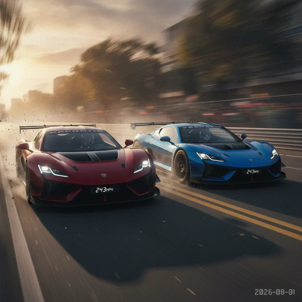 Editorial photo-realistic HERO image for automotive news (2026-08-01). Feature BrandX and BrandY vehicles specifically ModelA, ModelB. Scene: A high-s