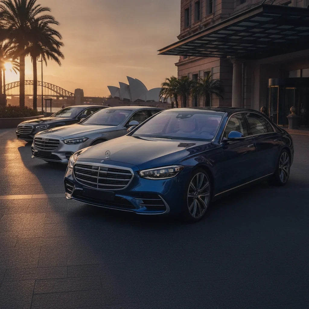 Editorial photo-realistic HERO image for automotive news (2026-08-06). Feature Mercedes-Benz vehicles specifically 2027 S-Class. Scene: A sleek 2027 M