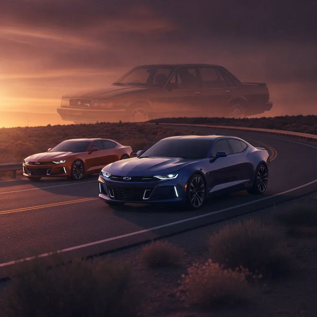 Editorial photo-realistic HERO image for automotive news (2026-08-10). Feature Chevrolet and Holden vehicles specifically Chevrolet Camaro, Holden Com
