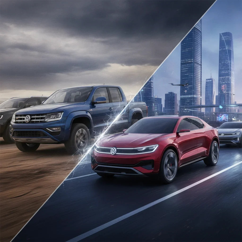 Editorial photo-realistic HERO image for automotive news (2026-08-25). Feature Volkswagen and Ford vehicles specifically Amarok, Ranger. Scene: A dram