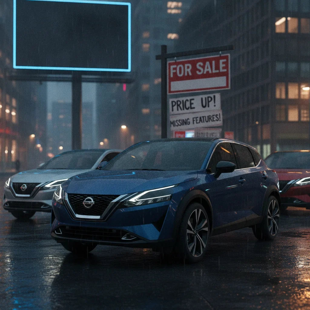 Editorial photo-realistic HERO image for automotive news (2026-08-31). Feature Nissan vehicles specifically Qashqai. Scene: A dramatic shot of the Nis