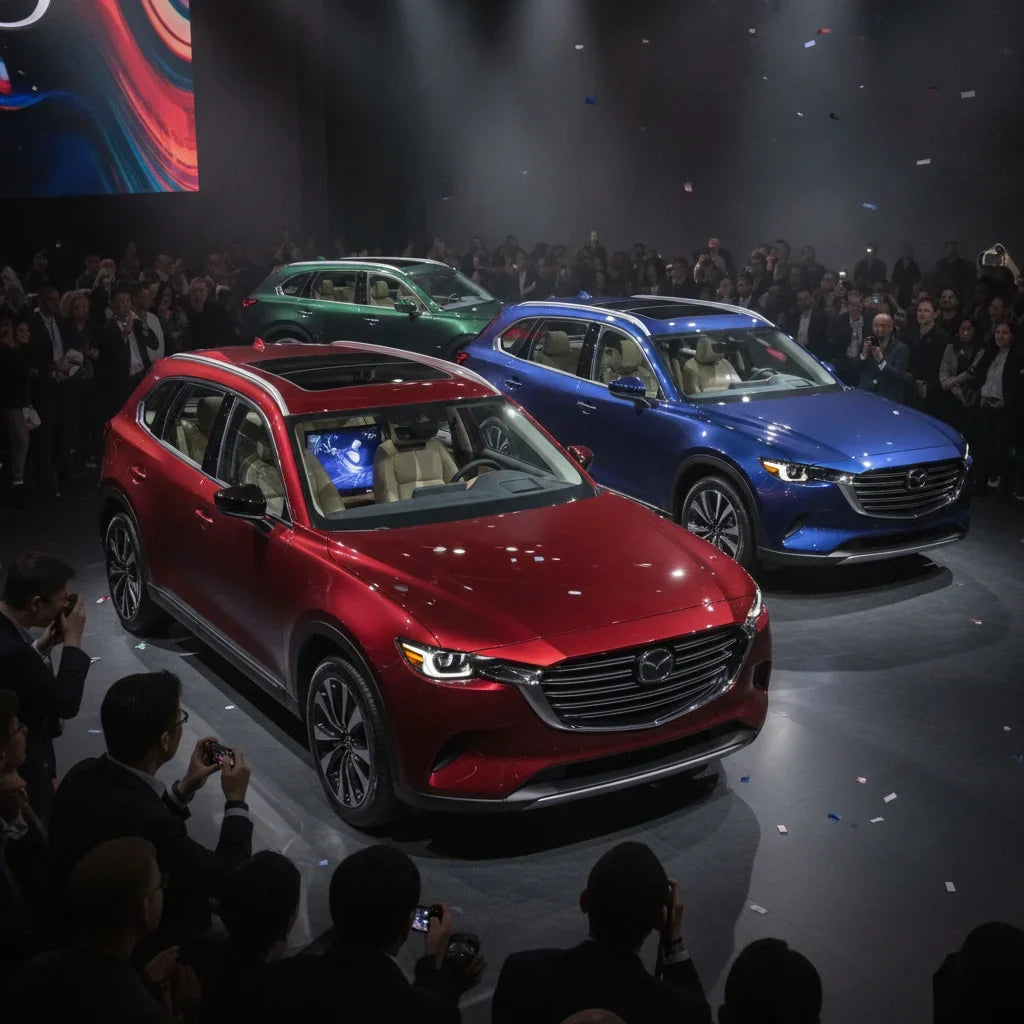 Editorial photo-realistic HERO image for automotive news (2026-09-01). Feature Mazda vehicles specifically specific larger SUV model. Scene: A dramati