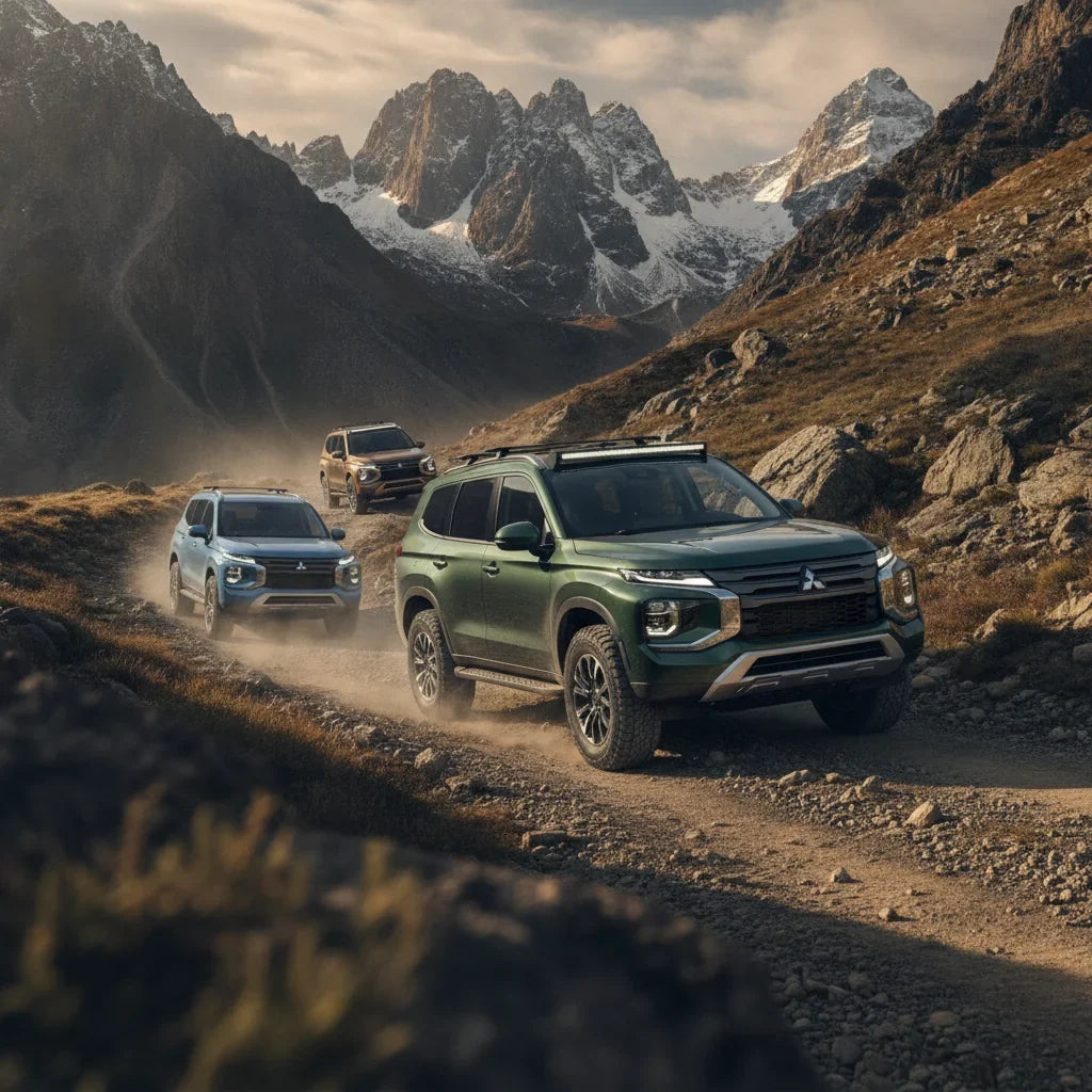Editorial photo-realistic HERO image for automotive news (2026-09-03). Feature Mitsubishi vehicles specifically Pajero. Scene: The new Mitsubishi Paje