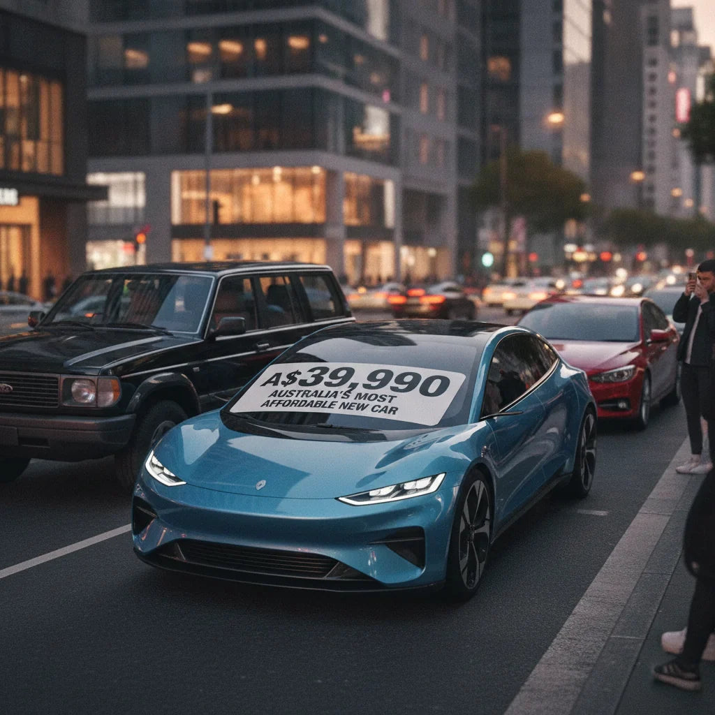 Editorial photo-realistic HERO image for automotive news (2026-09-15). Feature BrandX and BrandY vehicles specifically specific EV model from BrandX. 
