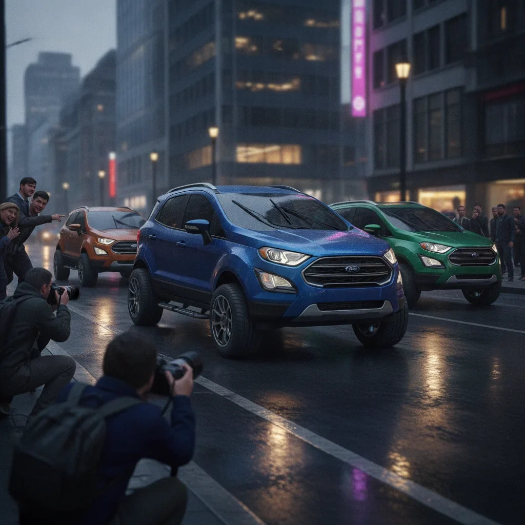 Editorial photo-realistic HERO image for automotive news (2026-09-19). Feature Ford vehicles specifically EcoSport. Scene: A striking visual of the si