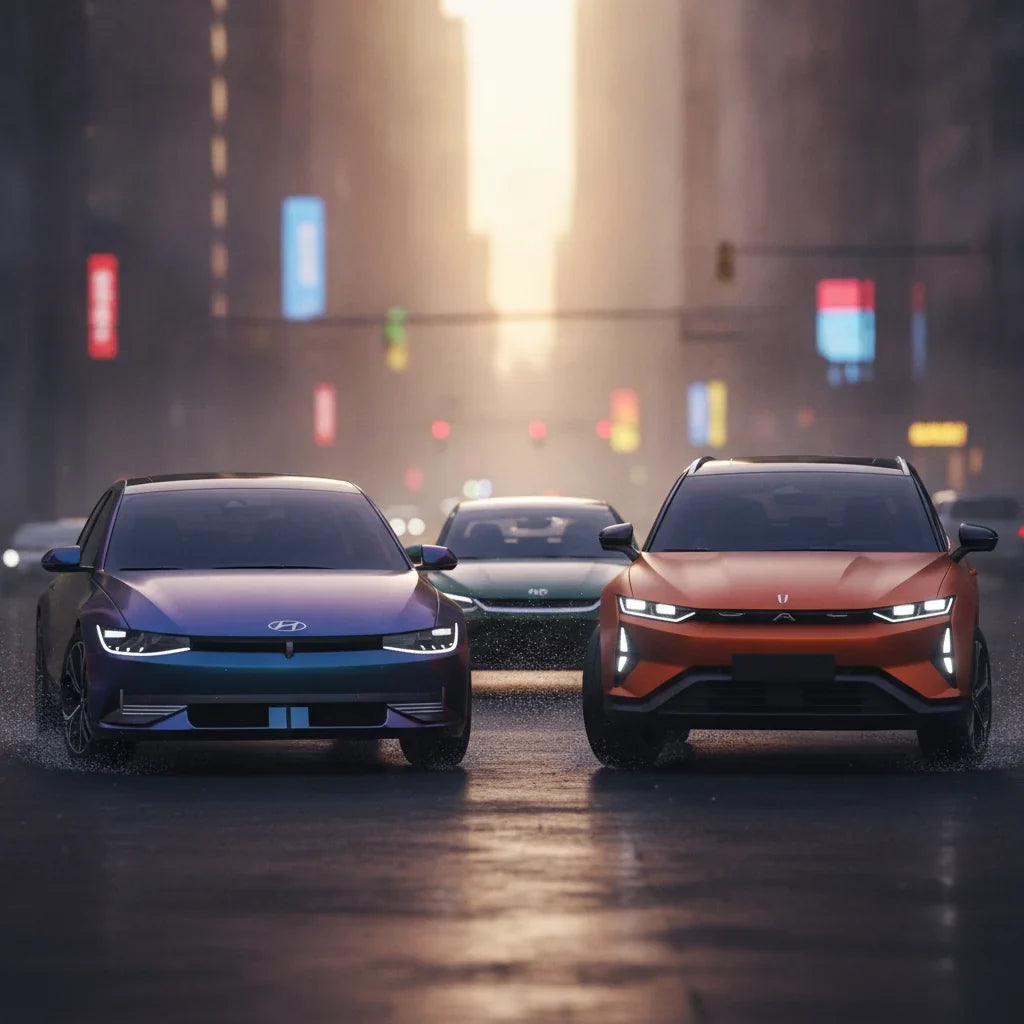 Editorial photo-realistic HERO image for automotive news (2026-09-20). Feature Hyundai and Chinese Auto Brands vehicles specifically specific models f