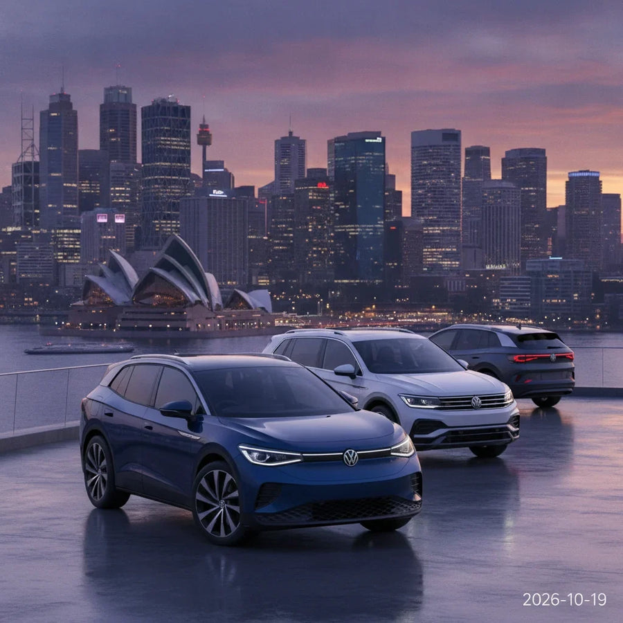 Editorial photo-realistic HERO image for automotive news (2026-10-19). Feature Volkswagen vehicles specifically Volkswagen ID.4, Volkswagen Tiguan. Sc