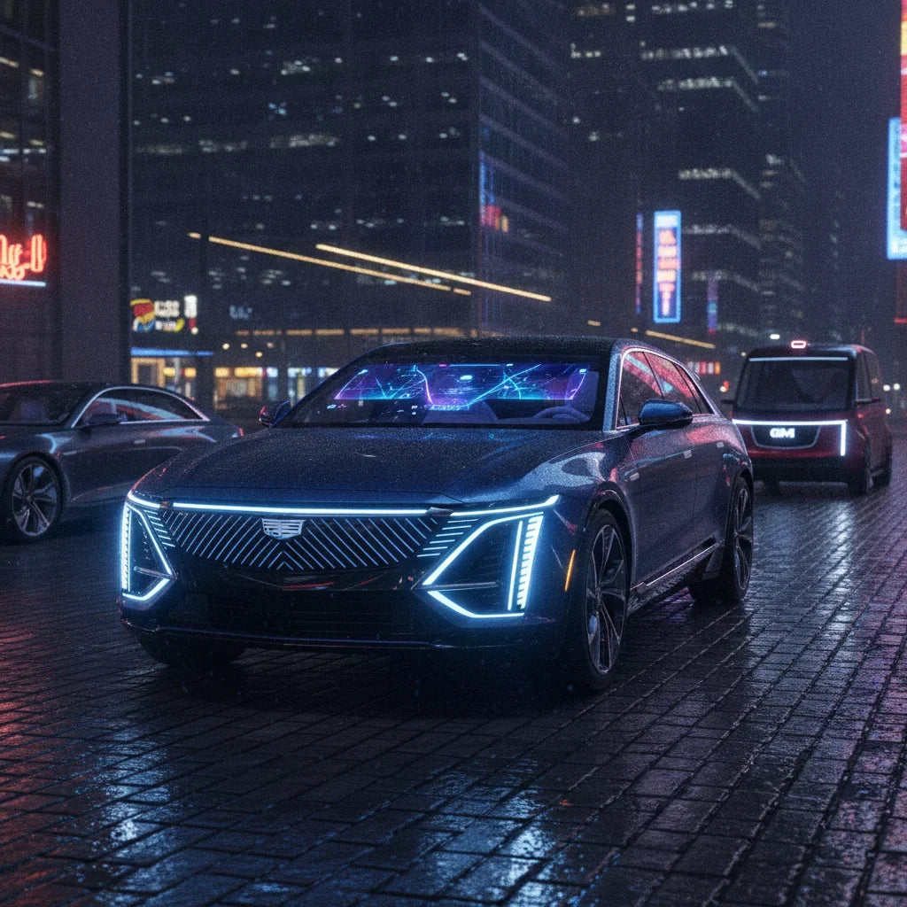 Editorial photo-realistic HERO image for automotive news (2026-10-22). Feature Cadillac and GM vehicles specifically Cadillac Lyriq. Scene: A luxuriou