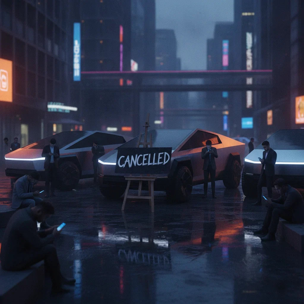 Editorial photo-realistic HERO image for automotive news (2026-10-23). Feature Tesla vehicles specifically Cybertruck. Scene: A dramatic scene showing