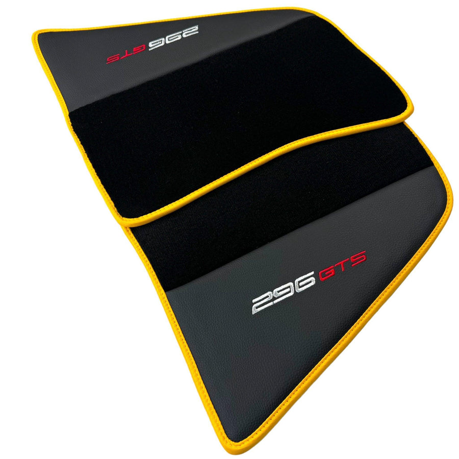 Black Floor Mats for Ferrari 296 GTS (2022-2024) with Leather and Yellow Trim - AutoWin