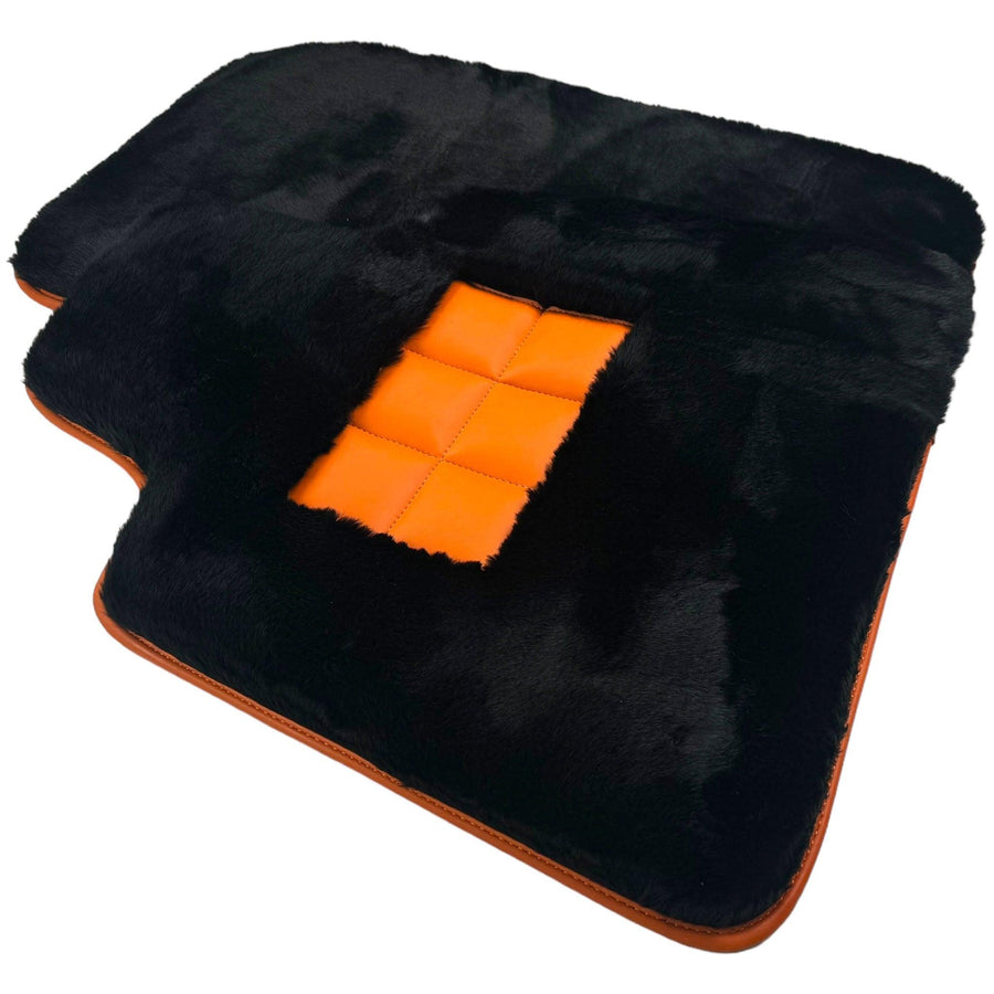 Black Sheepskin Floor Mats for Rolls-Royce Wraith (2013–2023) Orange Leather Trim - AutoWin