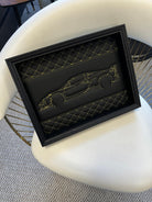 Black Leather Corvette C8 Inspired Wall Art: Embroidered Yellow Stitch - AutoWin