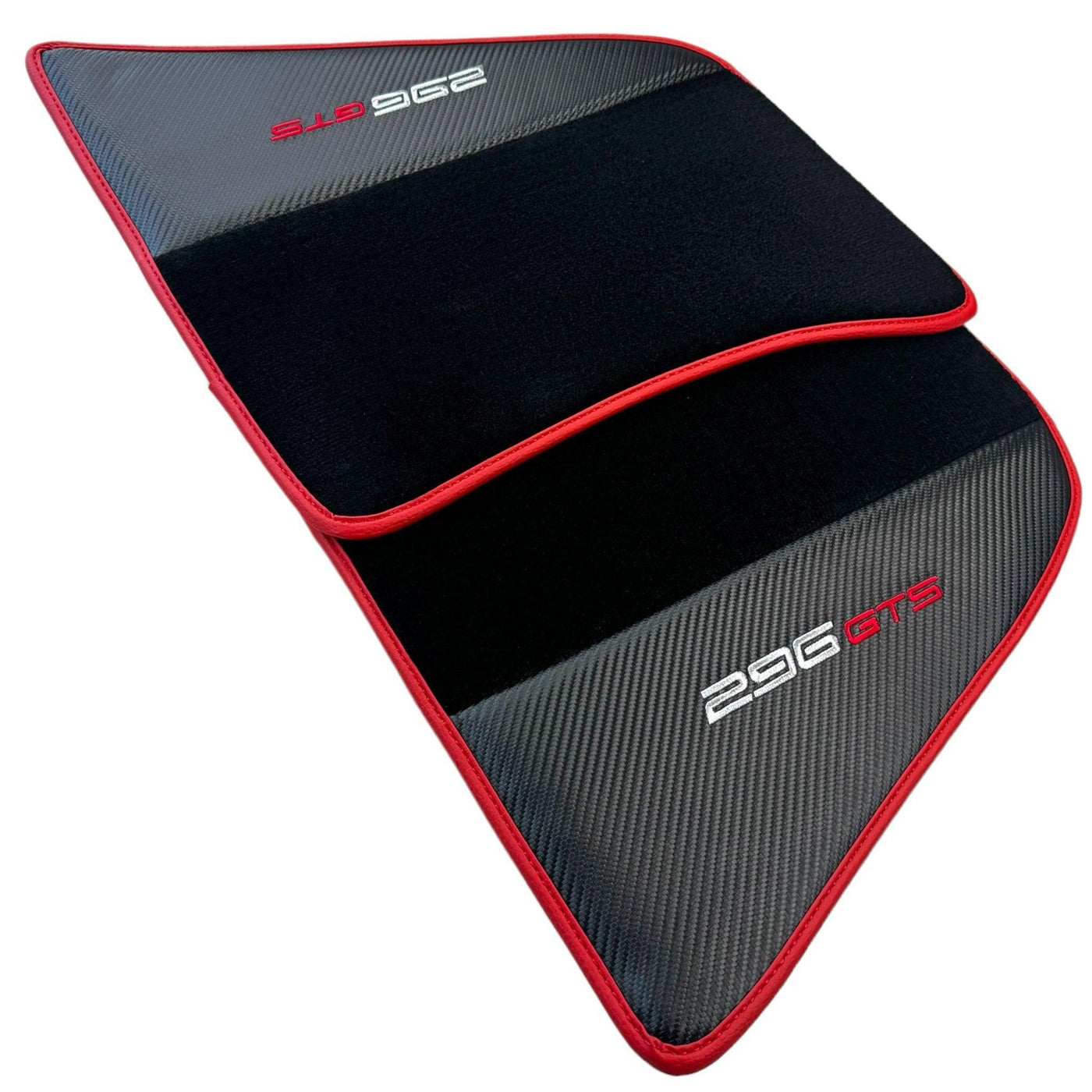 Black Floor Mats for Ferrari 296 GTS (2022-2024) with Carbon Fiber | Red Trim - AutoWin