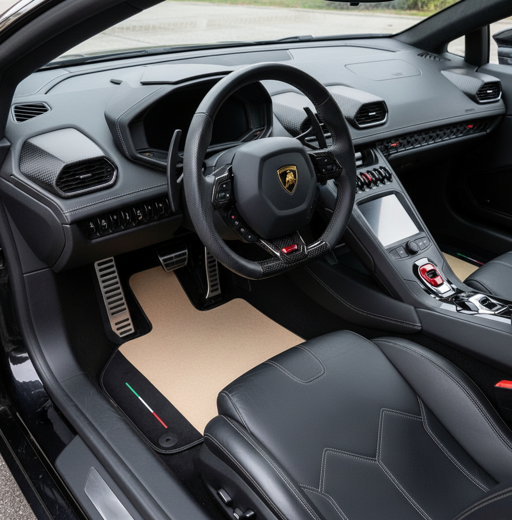 Tappetini beige personalizzati per Lamborghini Huracan EVO in pelle Alcantara